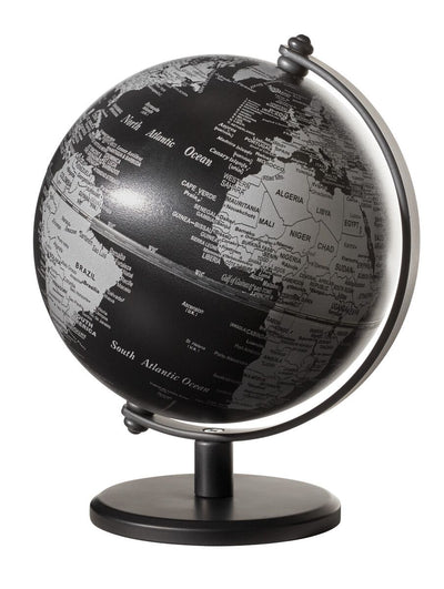 5 inch Troika black and silver globe on a black base on white background