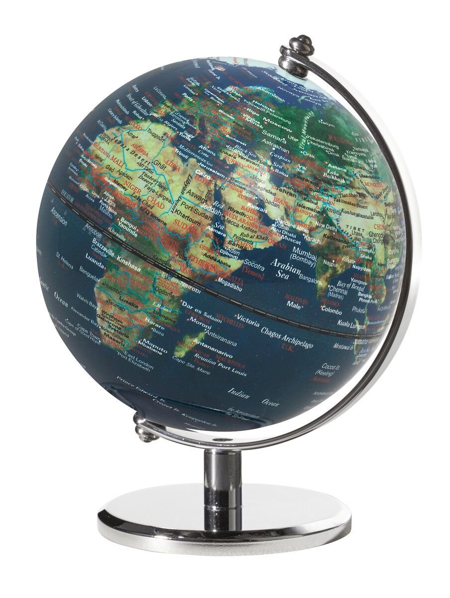 Multi-color 5 inch Troika globe with world map on a white background