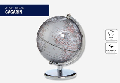 Troika 5 inch glossy silver color globe with metallic stand on a white background, featuring the style name 'GAGARIN'.