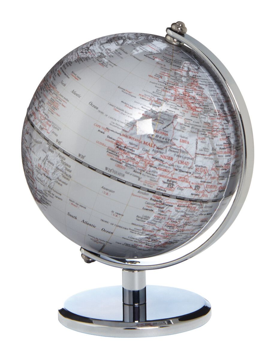 Troika 5 inch globe with silver stand on a white background