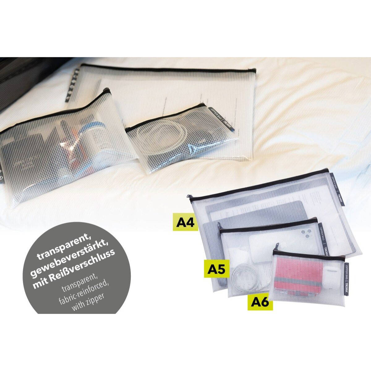 Troika Set of Three Transparent Zipper Bags A4, A5 and A6 Format